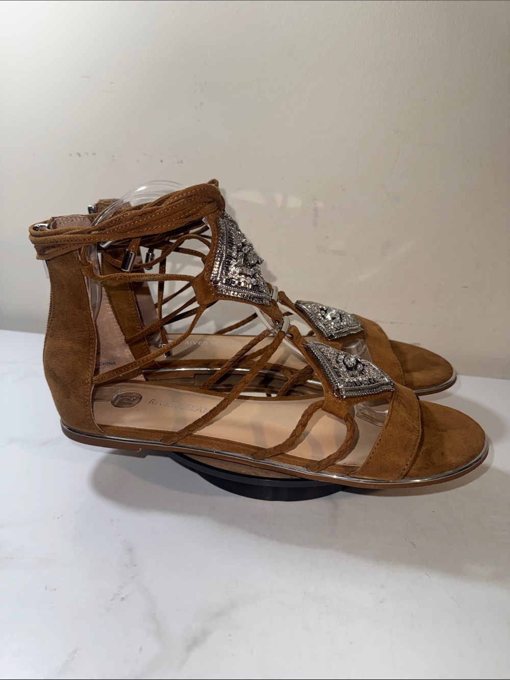 River Island Camel Lace-Up Gladiator Sandals with Jewel Accents Size 7